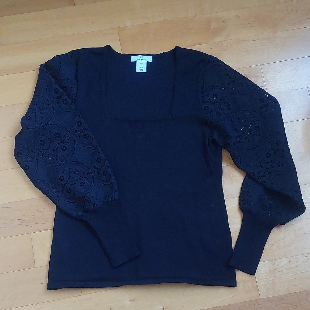 H By Halston Black Sweater With Emboidered Sleeves